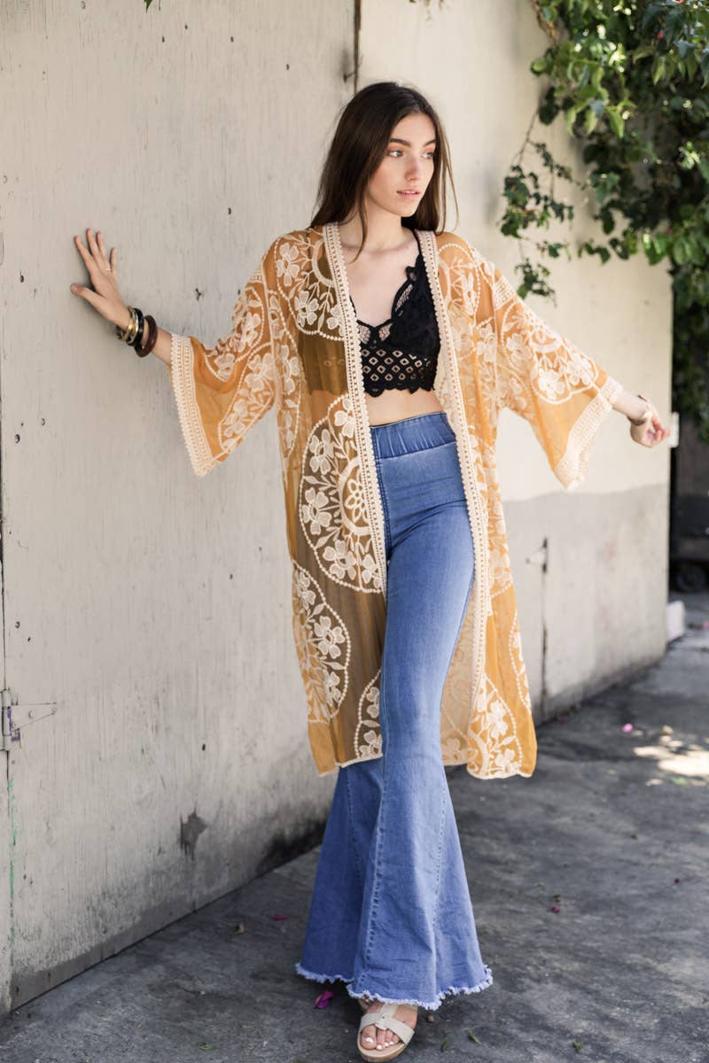 Contrast Mesh Cotton Lace Kimono: Rose