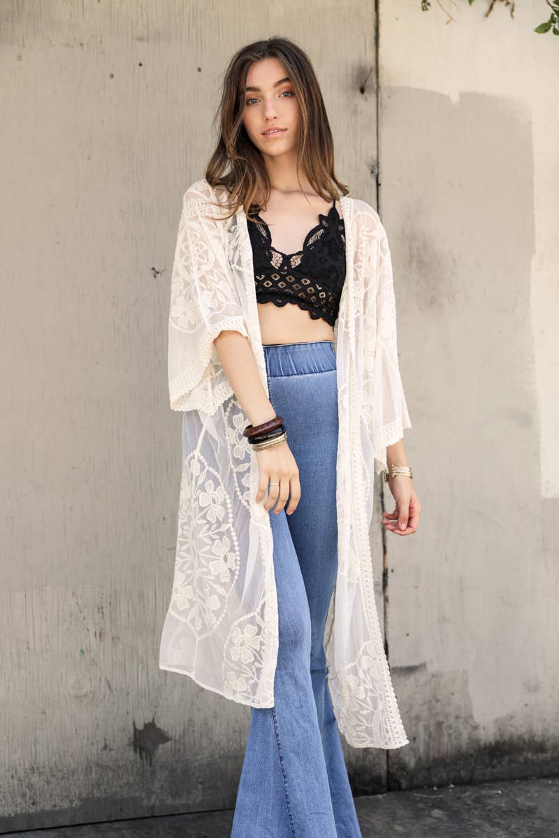 Contrast Mesh Cotton Lace Kimono: Rose