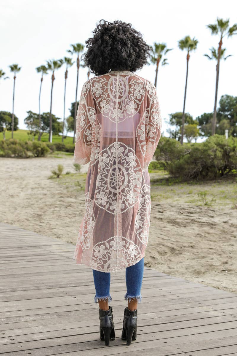 Contrast Mesh Cotton Lace Kimono: Rose