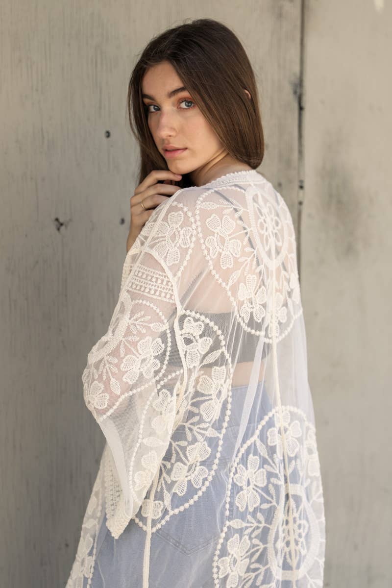Contrast Mesh Cotton Lace Kimono: Rose