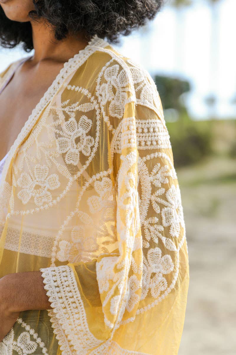 Contrast Mesh Cotton Lace Kimono: Rose