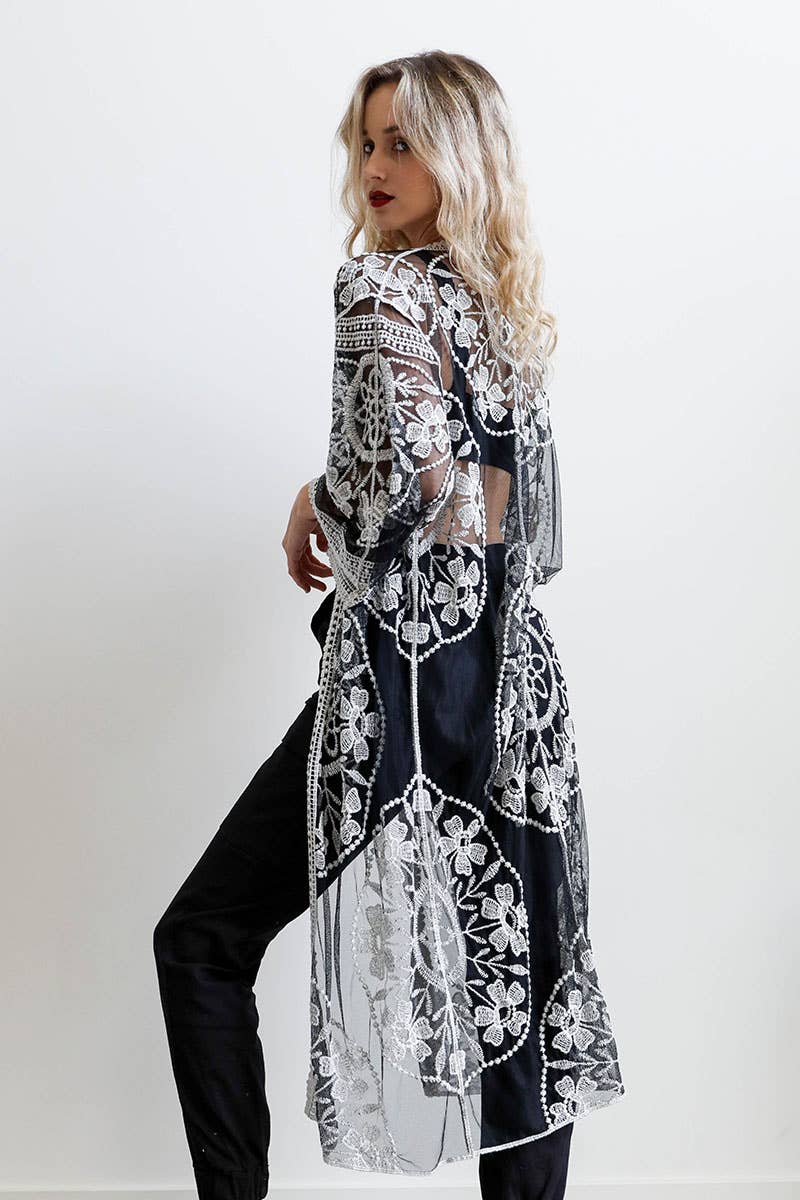 Contrast Mesh Cotton Lace Kimono: Rose