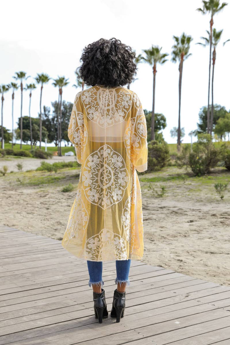 Contrast Mesh Cotton Lace Kimono: Rose
