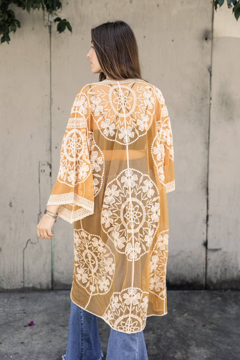 Contrast Mesh Cotton Lace Kimono: Rose