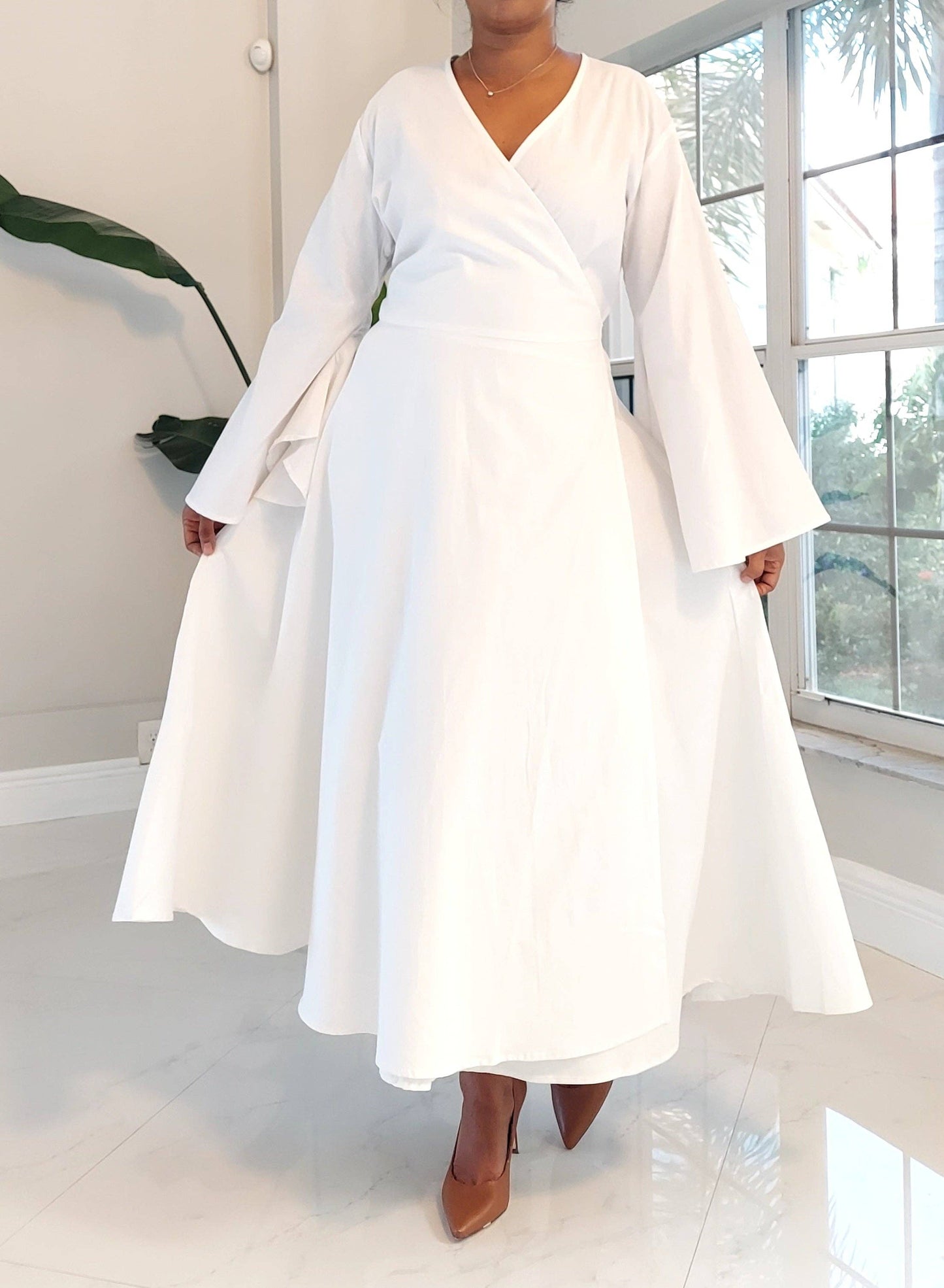 Women Long Wrap Dress/Bell sleeve- 8001