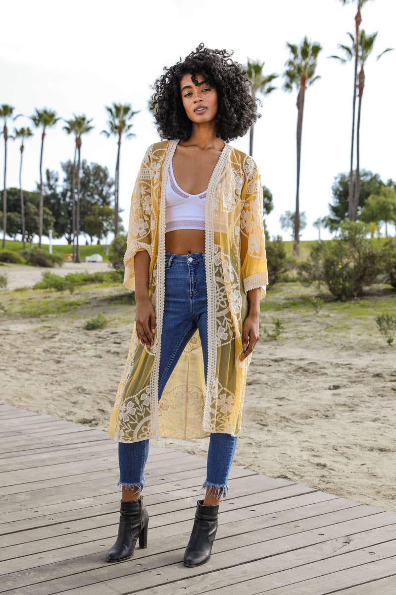 Contrast Mesh Cotton Lace Kimono: Rose