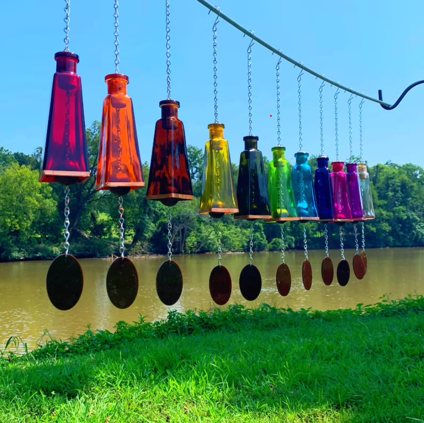 Glass Wind Chimes Made From Pyramid Shaped Bottles: Amber