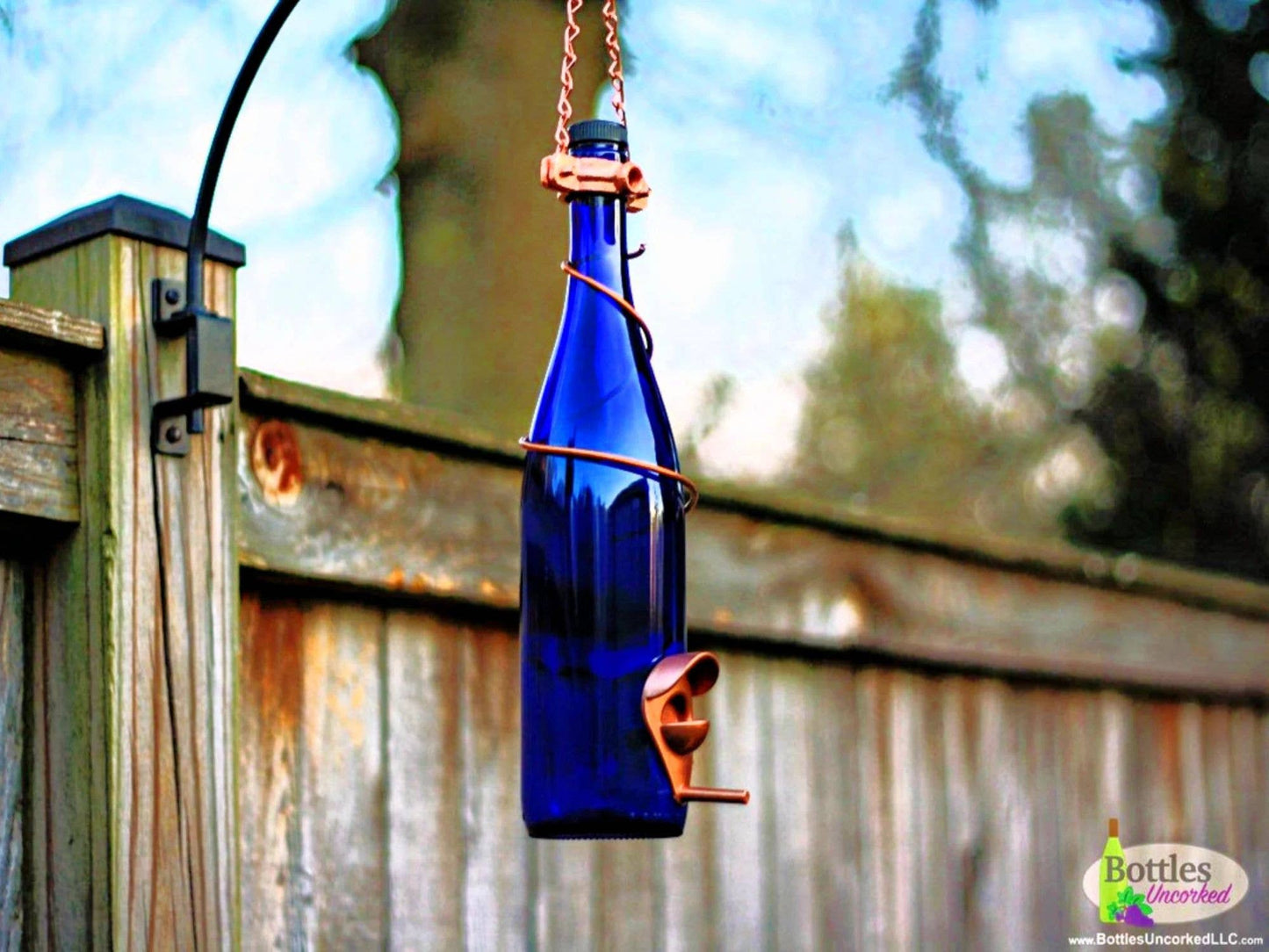 Glass Wine Bottle Bird Feeder: Green Bottle / Silver Trim