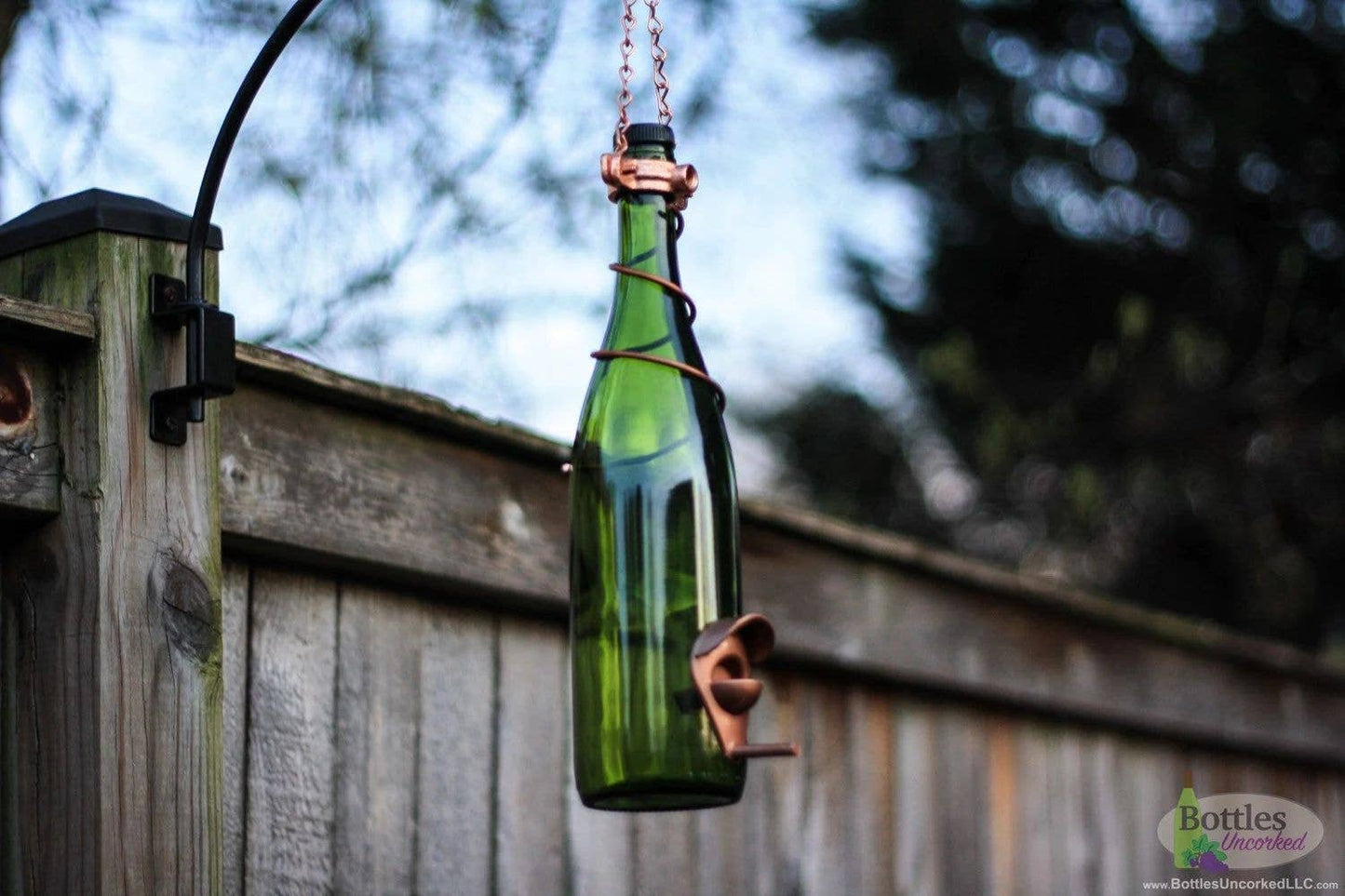 Glass Wine Bottle Bird Feeder: Yellow Bottle / Silver Trim