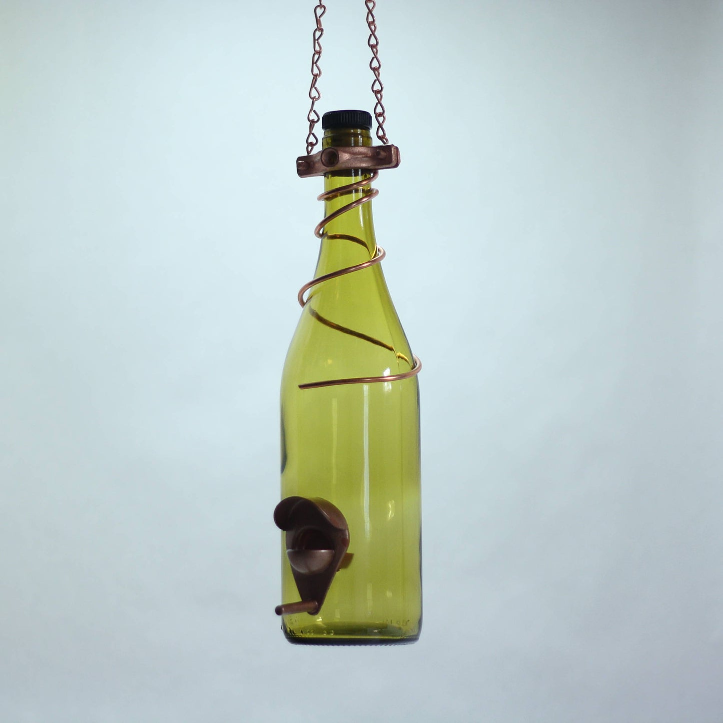 Glass Wine Bottle Bird Feeder: Green Bottle / Silver Trim