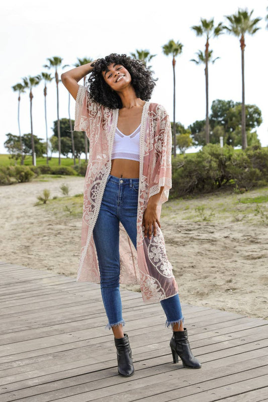 Contrast Mesh Cotton Lace Kimono: Rose