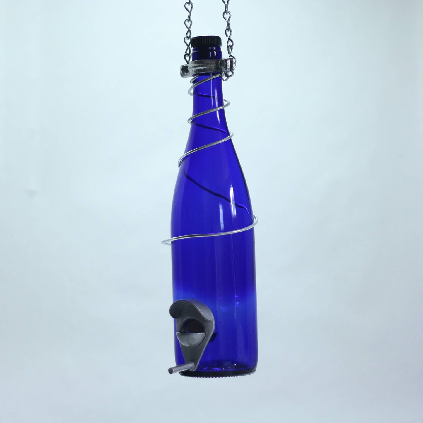 Glass Wine Bottle Bird Feeder: Green Bottle / Silver Trim