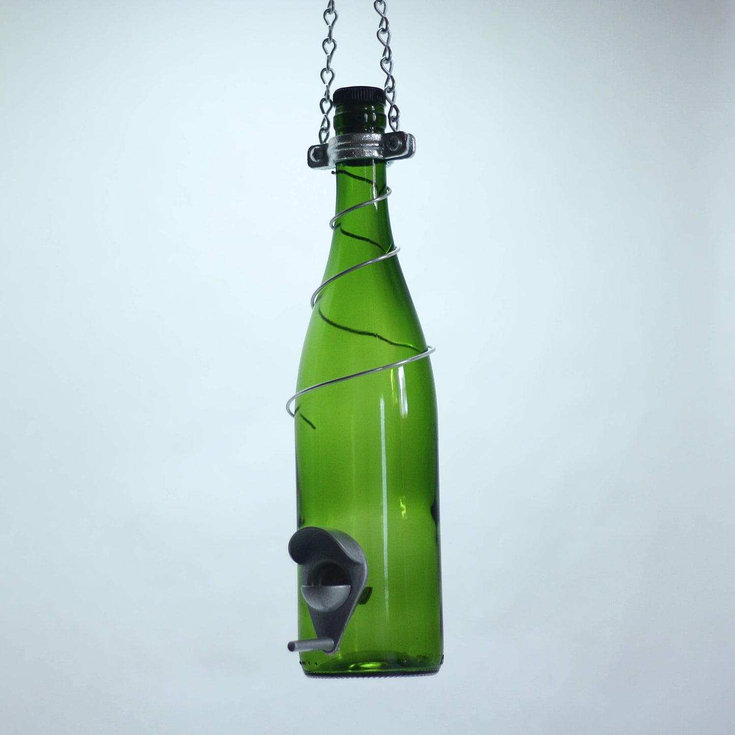 Glass Wine Bottle Bird Feeder: Yellow Bottle / Silver Trim