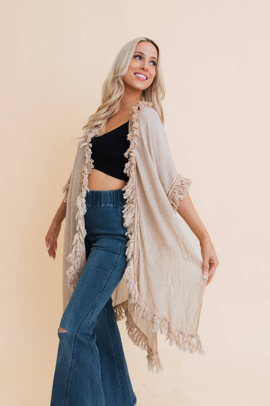 Sunbleached Fringe Ruffle Kimono: Beige