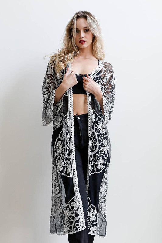 Contrast Mesh Cotton Lace Kimono: Black